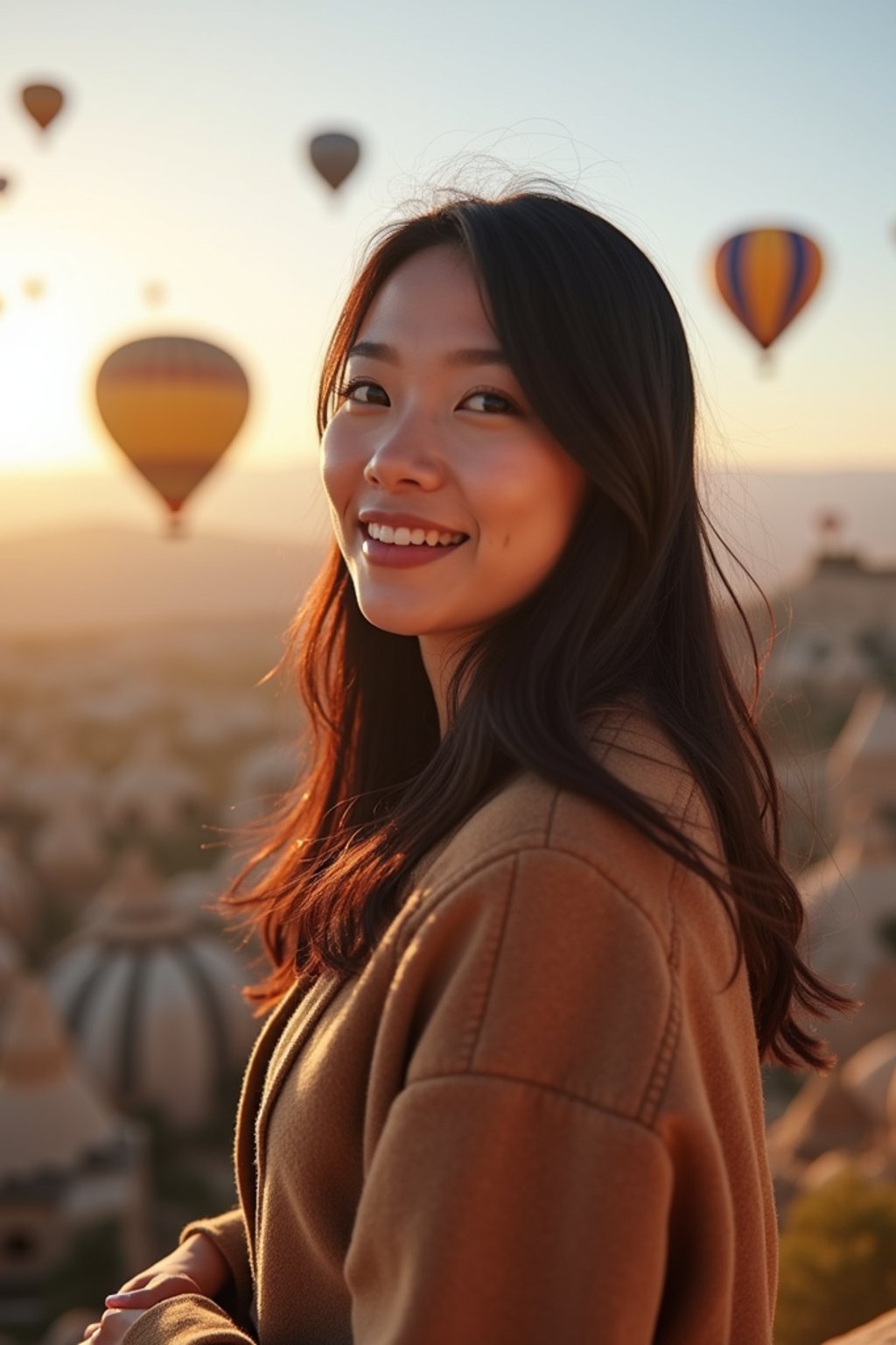 Breathtakingly woman as digital nomad with hot air balloons in the background in cappadocia, Türkiye. Cappadocia, Turkey