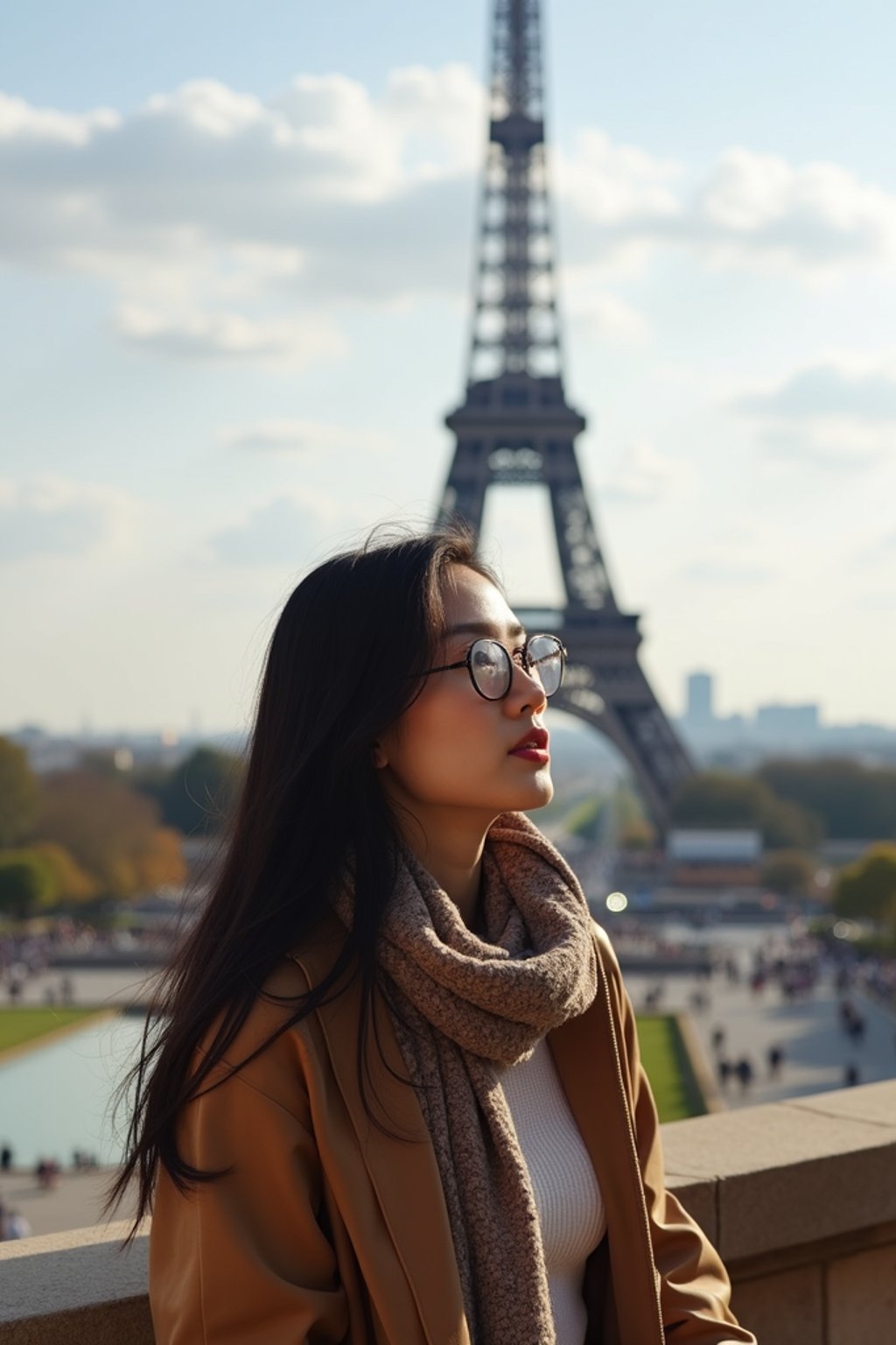 woman as digital nomad in Paris with the Eiffel Tower in background