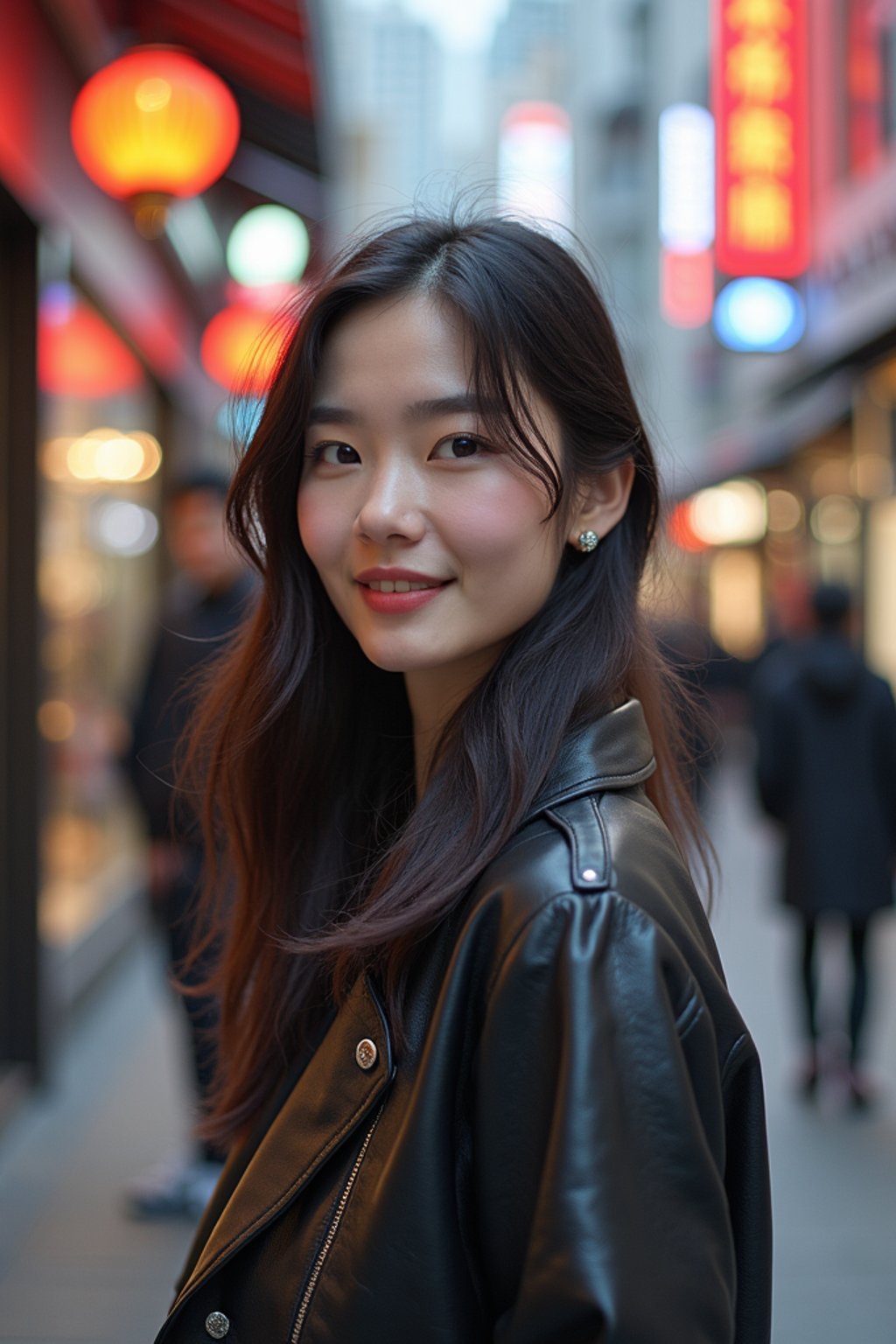 woman as digital nomad in Seoul in Gangnam in Cheongdamdong Luxury Shopping street. stores visible in background