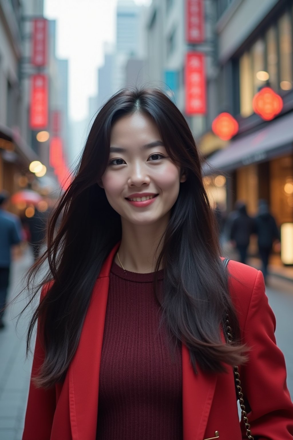 woman as digital nomad in Seoul in Gangnam in Cheongdamdong Luxury Shopping street. stores visible in background