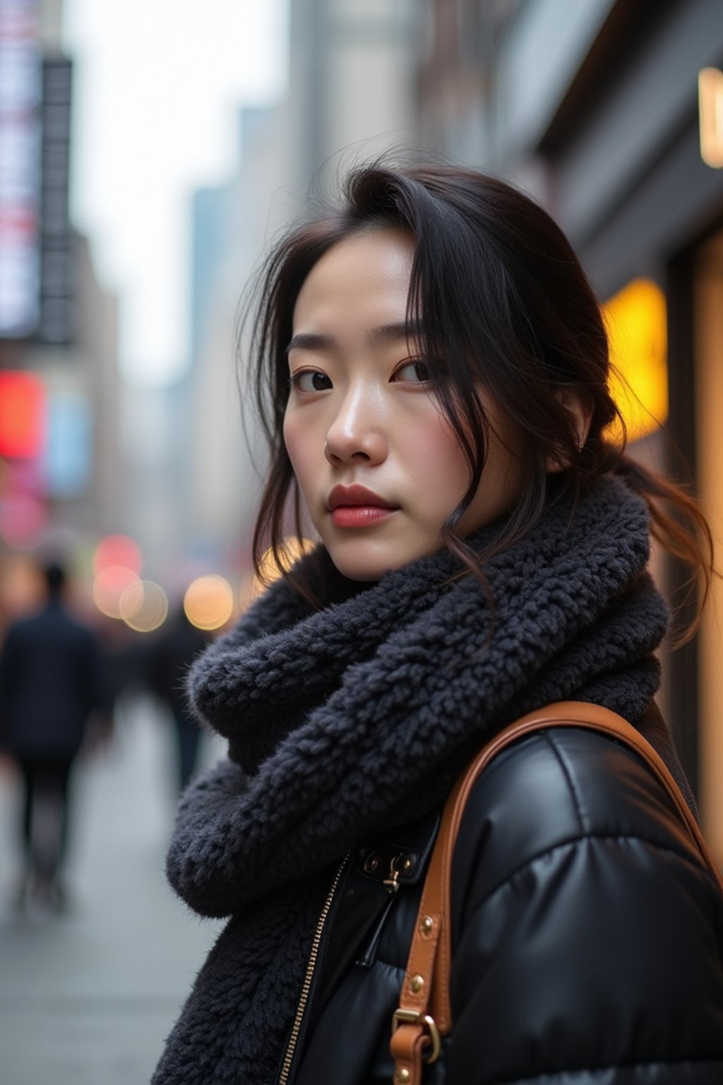 woman as digital nomad in Seoul in Gangnam in Cheongdamdong Luxury Shopping street. stores visible in background