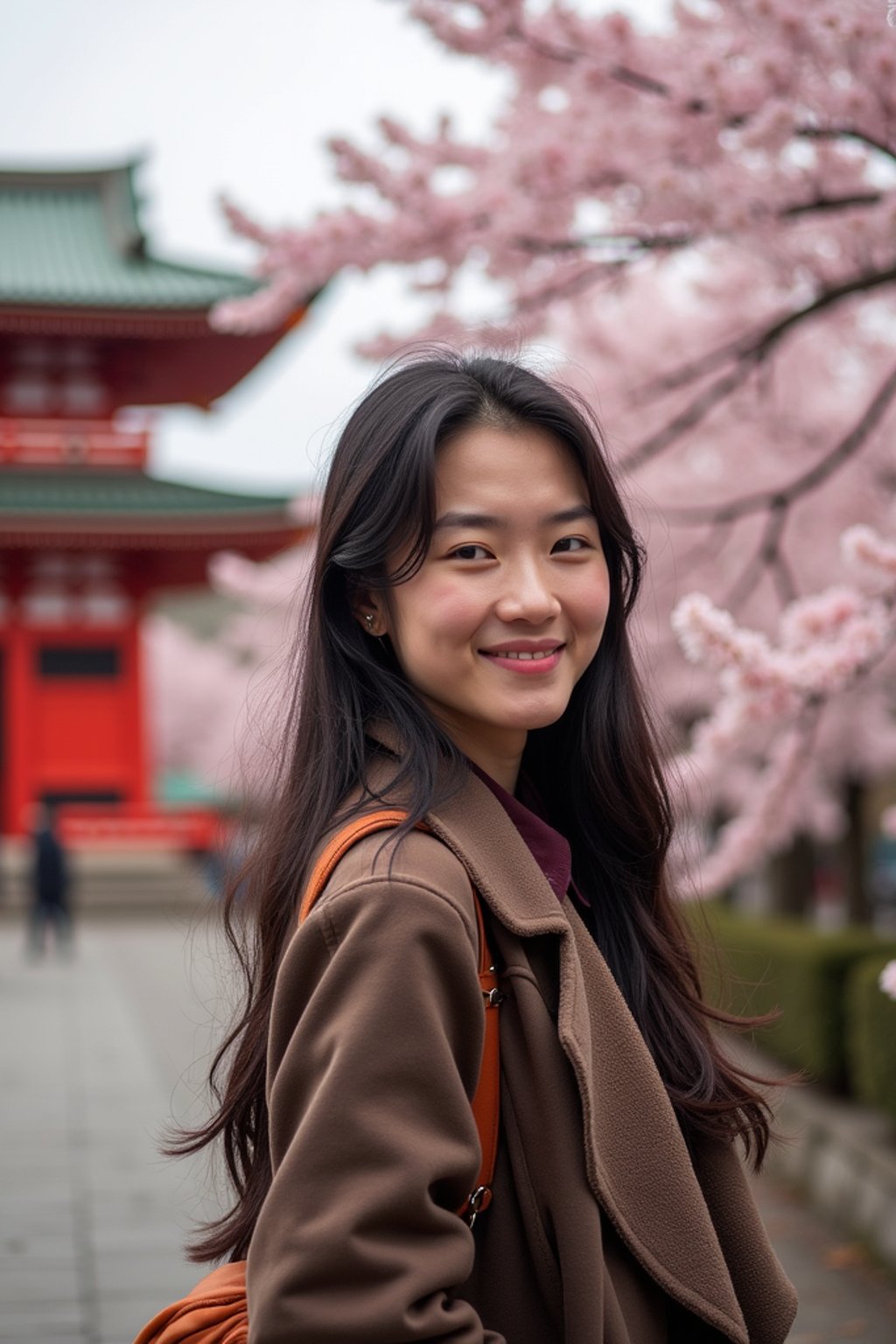 woman as digital nomad in Japan with Japanese Cherry Blossom Trees and Japanese temples in background