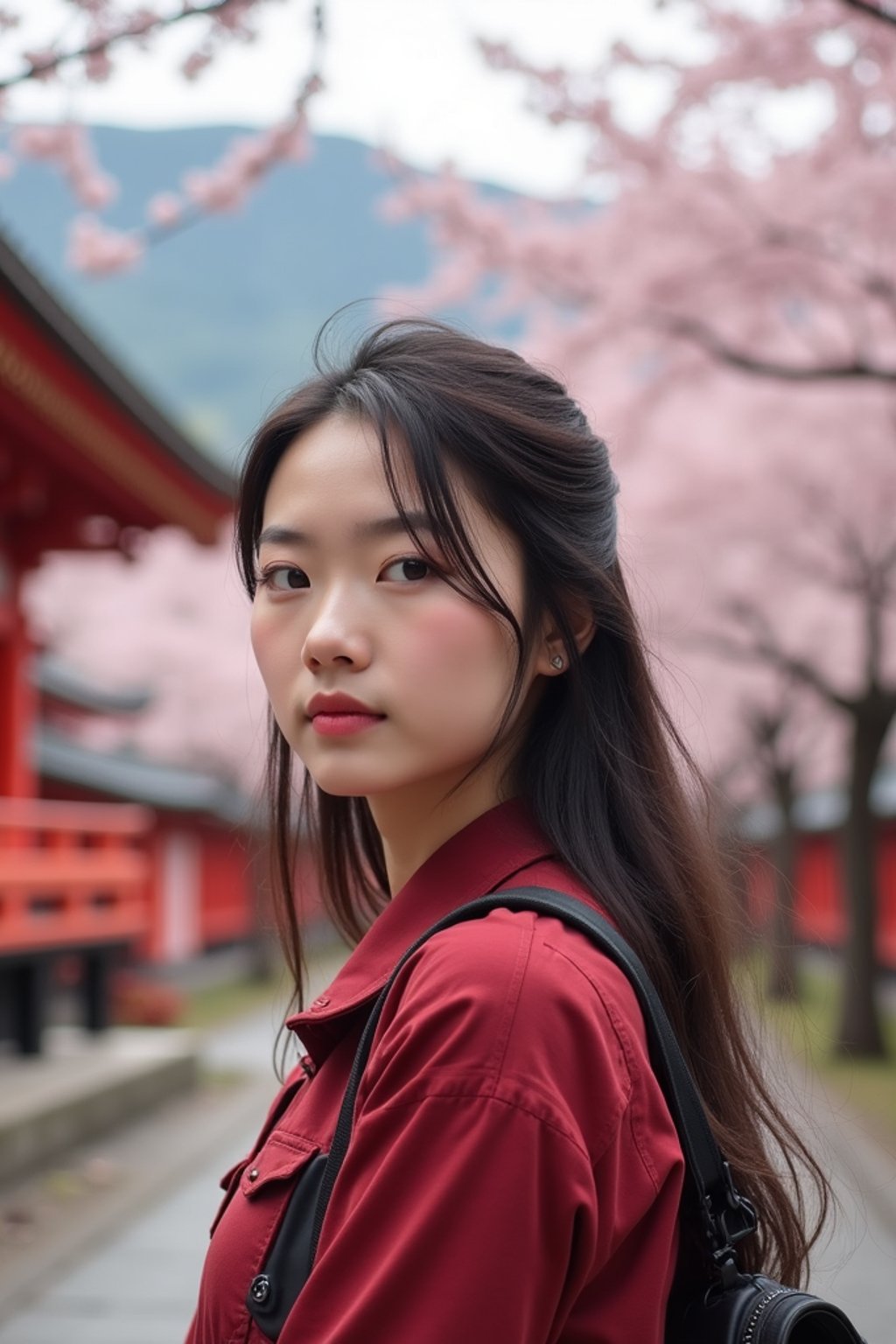 woman as digital nomad in Japan with Japanese Cherry Blossom Trees and Japanese temples in background