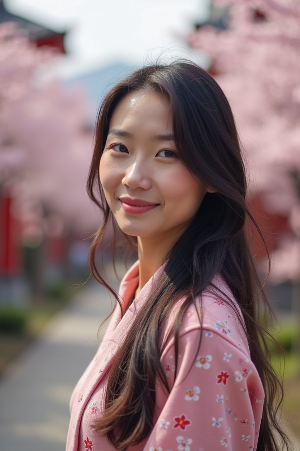 woman as digital nomad in Japan with Japanese Cherry Blossom Trees and Japanese temples in background