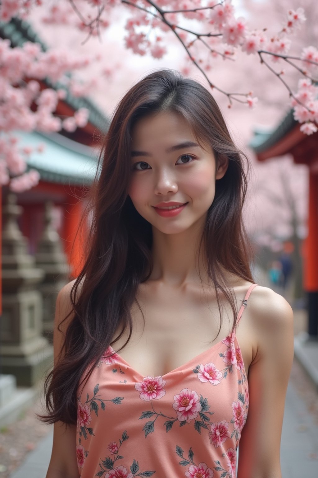 woman as digital nomad in Japan with Japanese Cherry Blossom Trees and Japanese temples in background