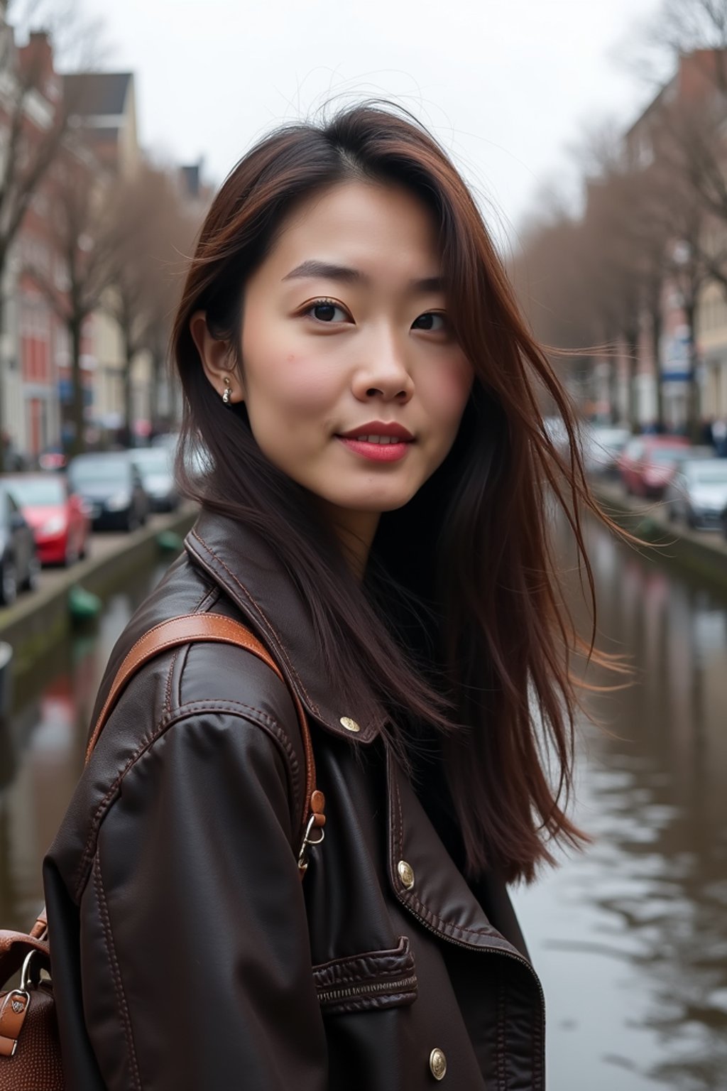 woman as digital nomad in Amsterdam with the Amsterdam Canals in background