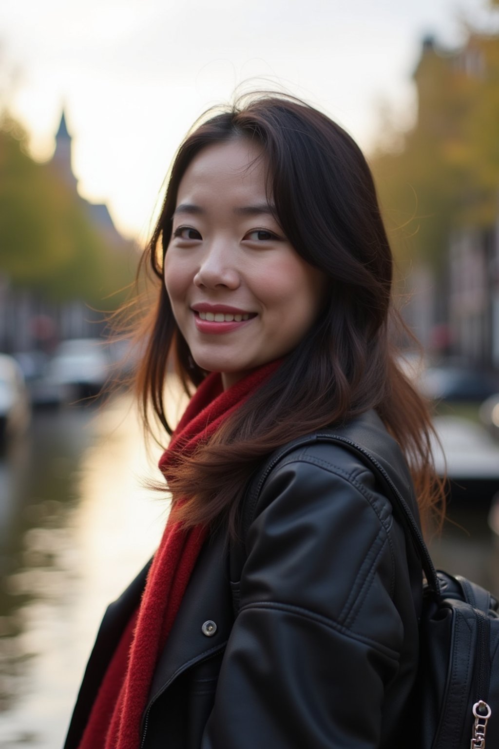 woman as digital nomad in Amsterdam with the Amsterdam Canals in background