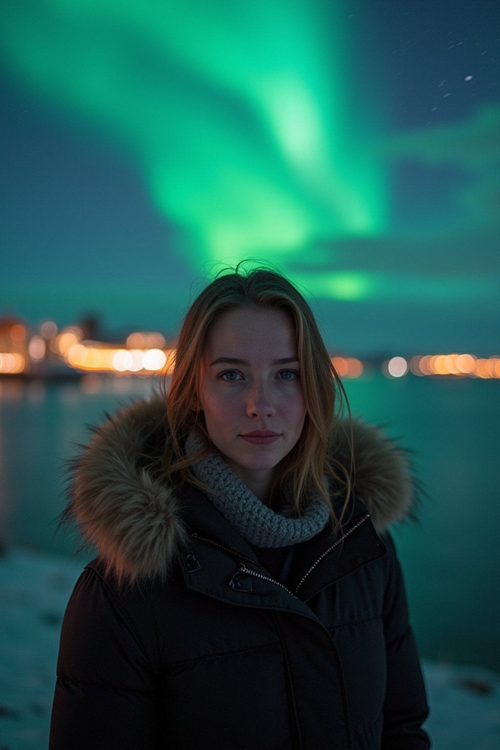 woman as digital nomad in Reykjavik with the Northern Lights in the background