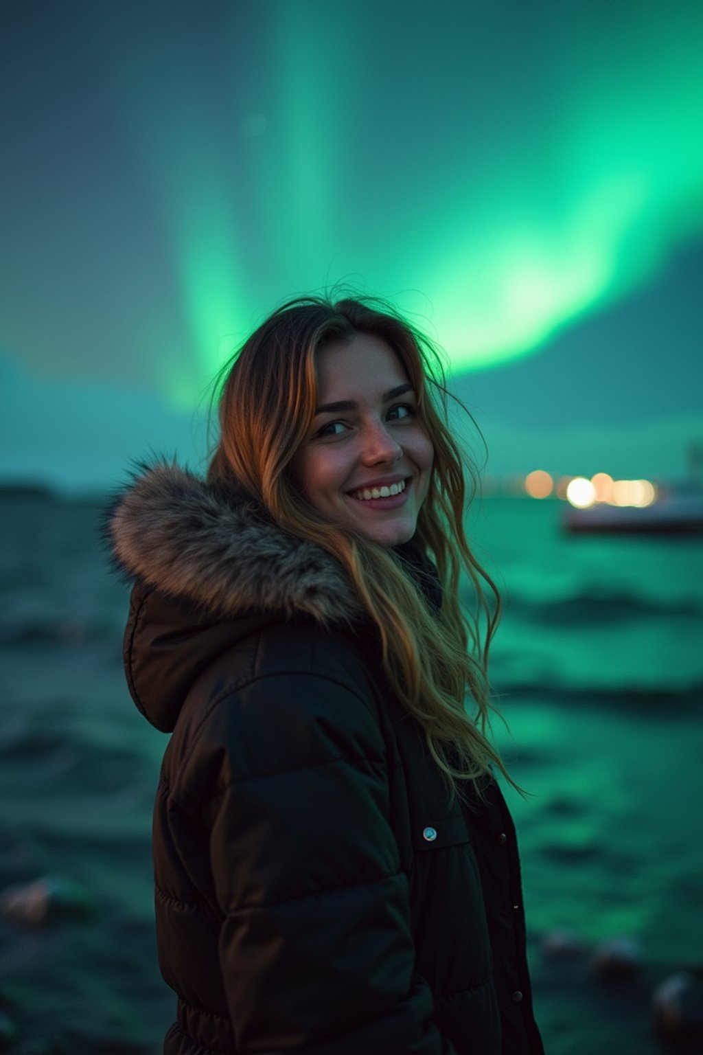 woman as digital nomad in Reykjavik with the Northern Lights in the background