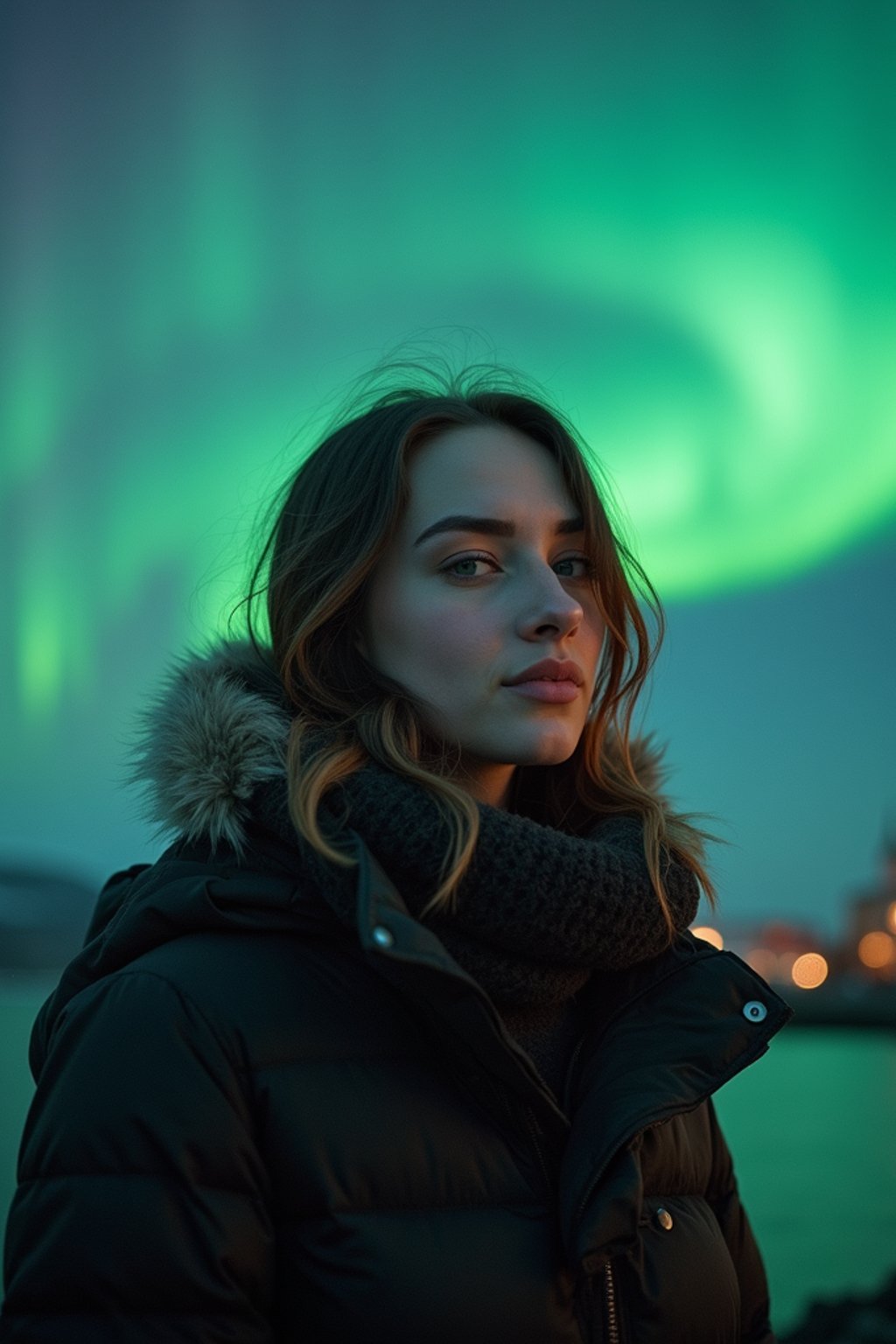 woman as digital nomad in Reykjavik with the Northern Lights in the background