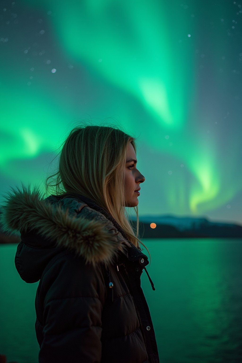 woman as digital nomad in Reykjavik with the Northern Lights in the background