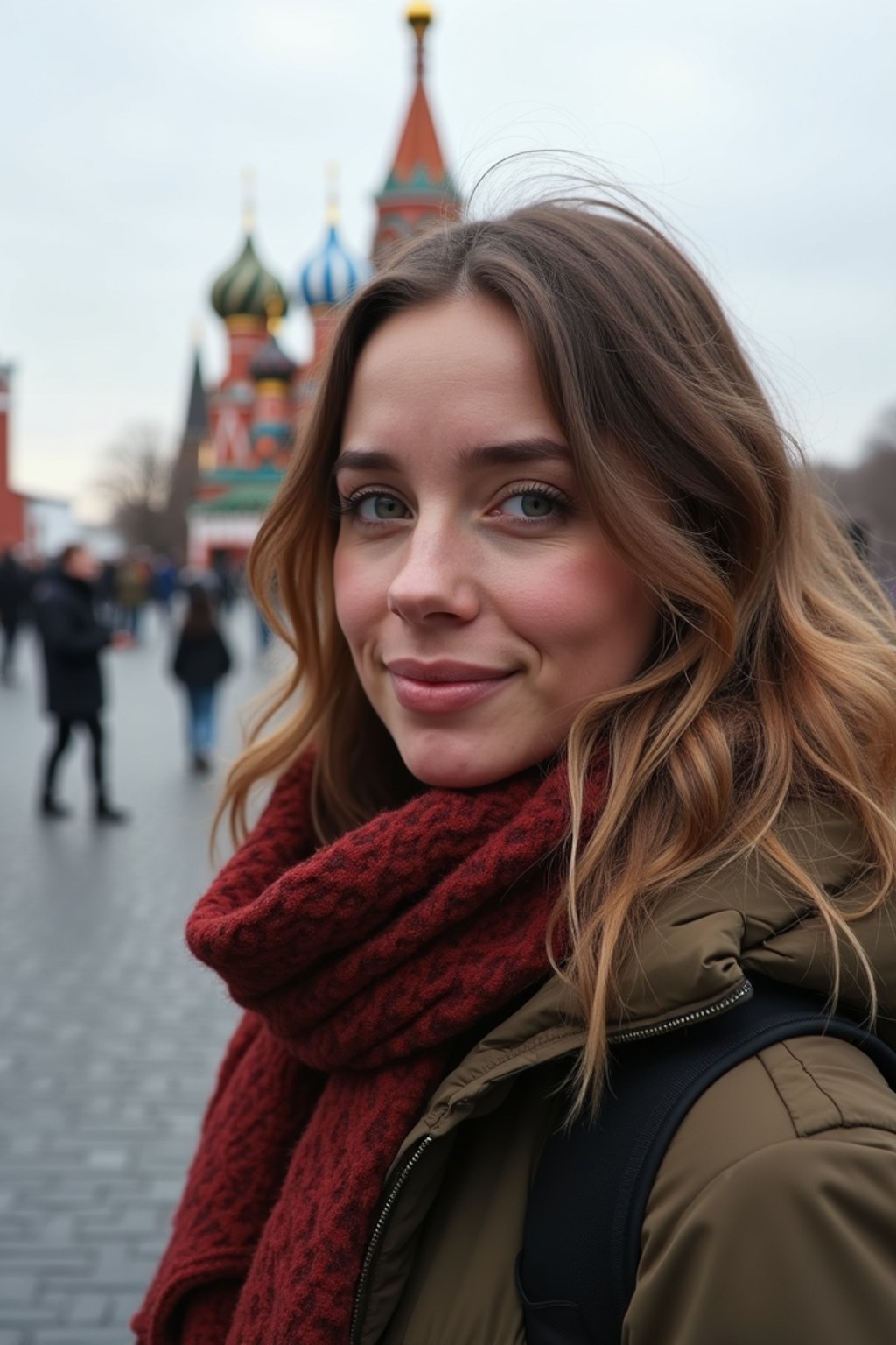 woman as digital nomad in Moscow with the Kremlin in the background