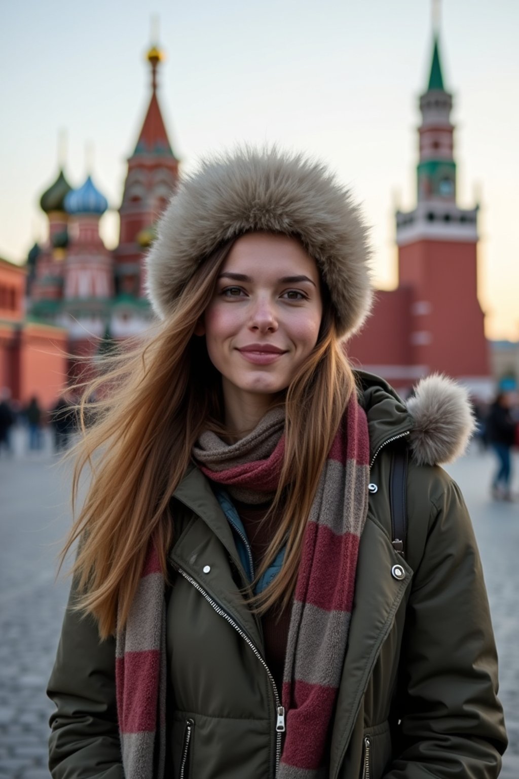 woman as digital nomad in Moscow with the Kremlin in the background