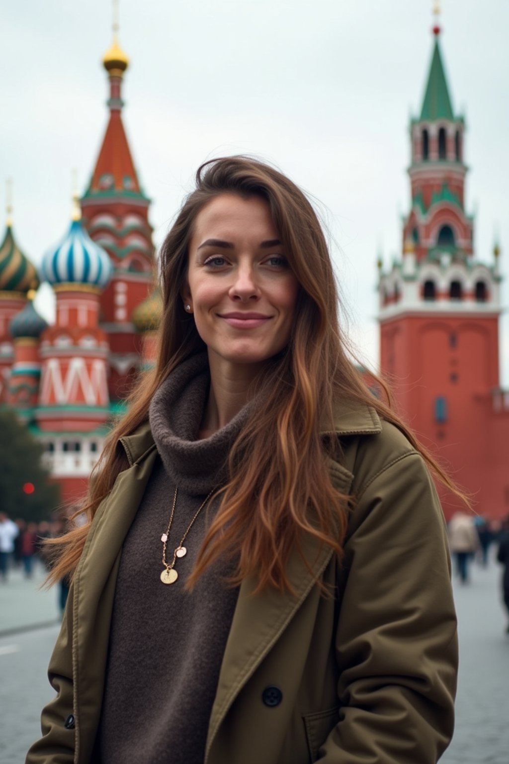 woman as digital nomad in Moscow with the Kremlin in the background