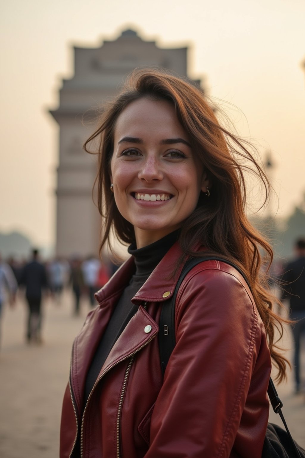 woman as digital nomad in Delhi with the India Gate in the background