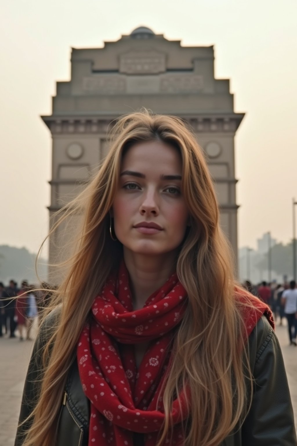 woman as digital nomad in Delhi with the India Gate in the background