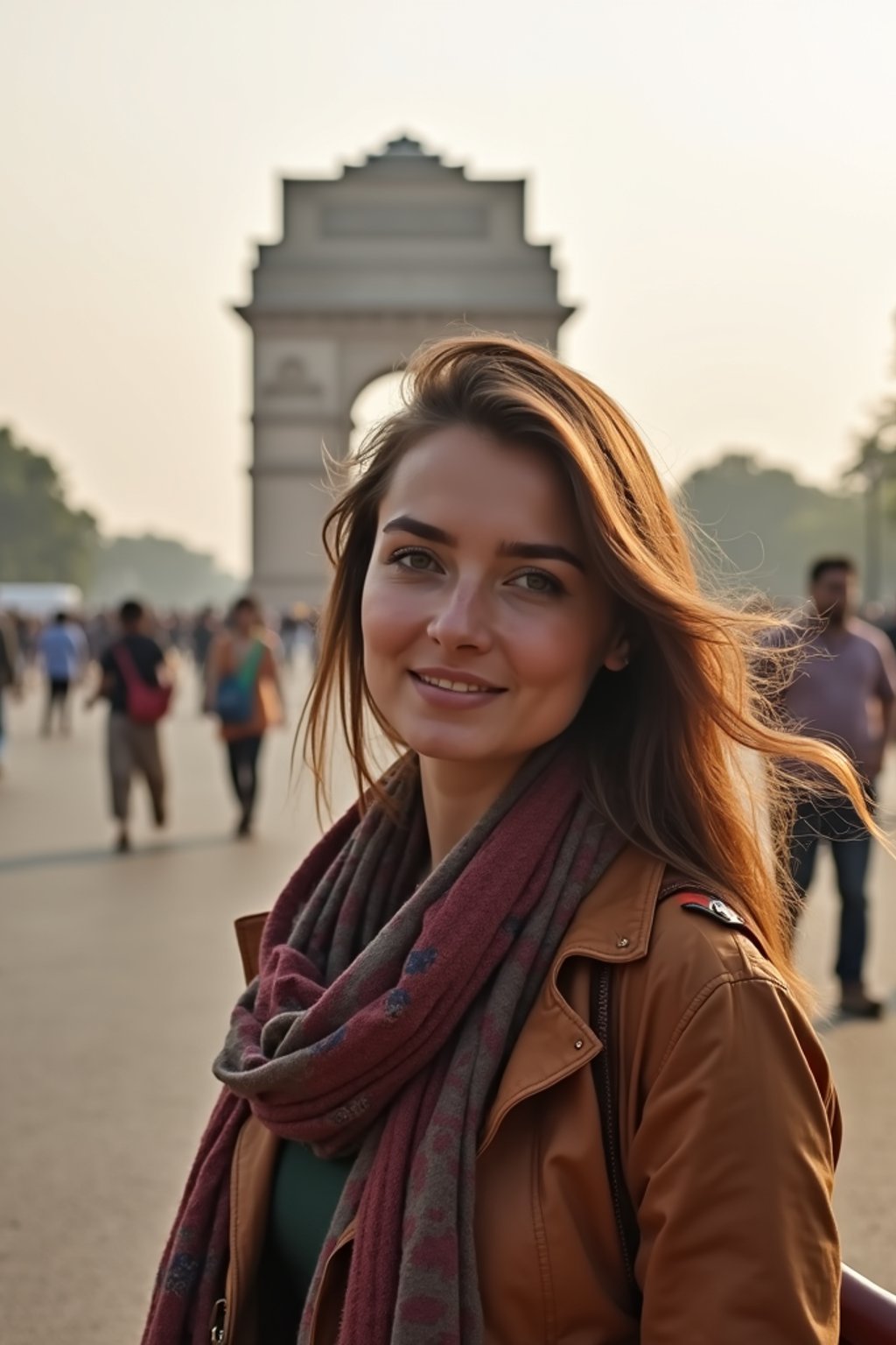 woman as digital nomad in Delhi with the India Gate in the background