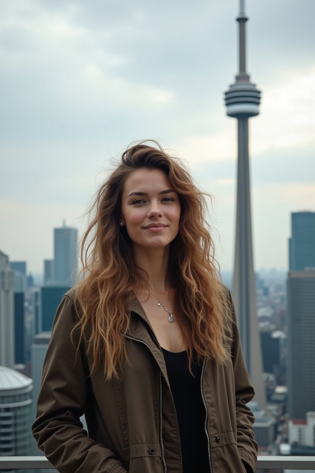 woman as digital nomad in Toronto with the CN Tower in the background