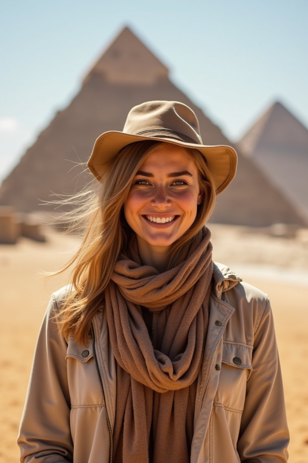 woman as digital nomad in Cairo with the Pyramids of Giza in the background