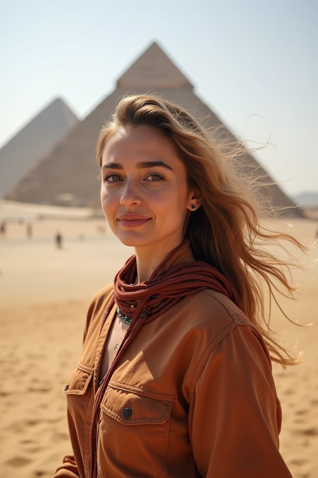 woman as digital nomad in Cairo with the Pyramids of Giza in the background