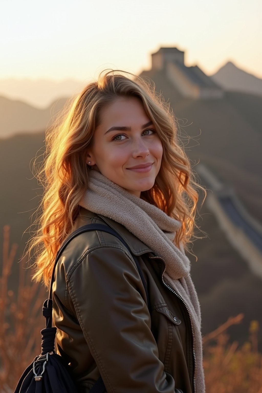 woman as digital nomad in Beijing with the Great Wall in the background