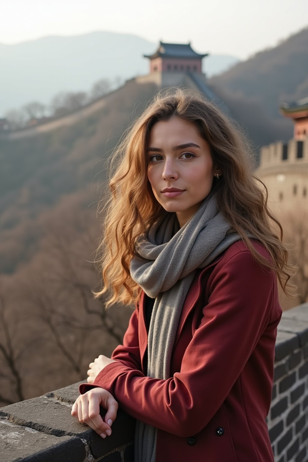 woman as digital nomad in Beijing with the Great Wall in the background