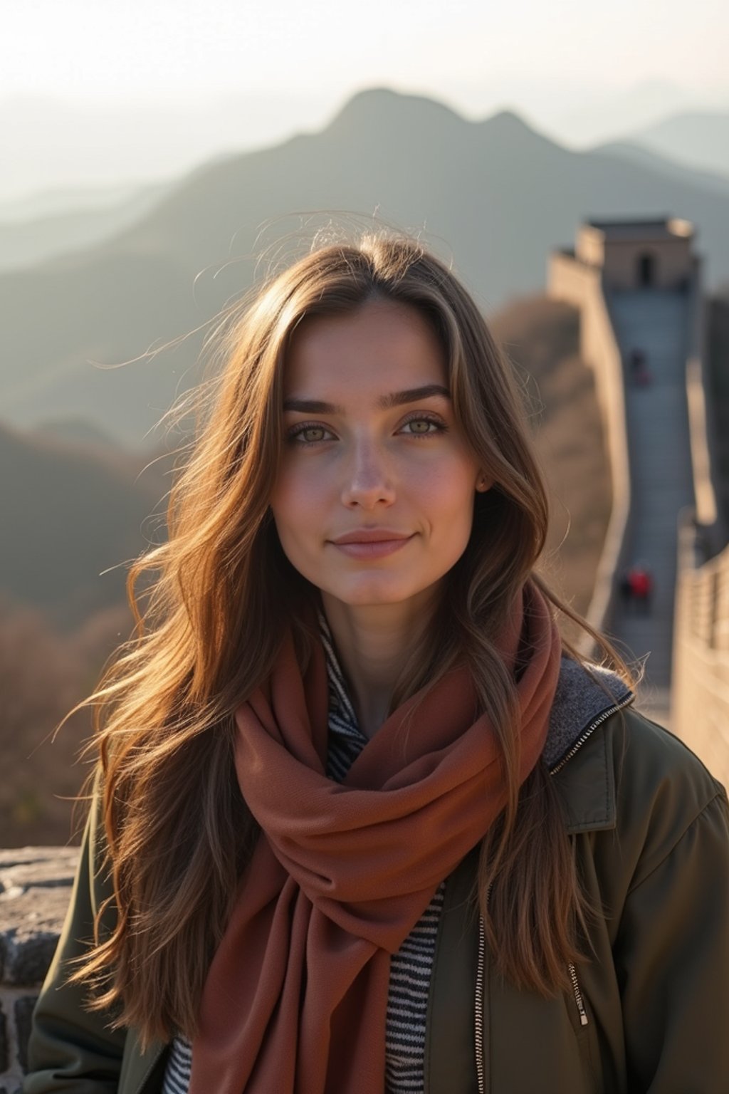 woman as digital nomad in Beijing with the Great Wall in the background