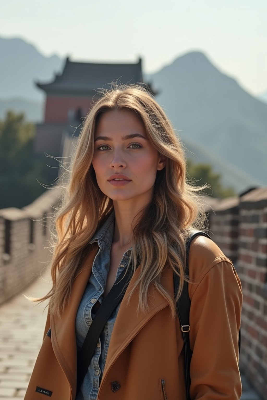 woman as digital nomad in Beijing with the Great Wall in the background