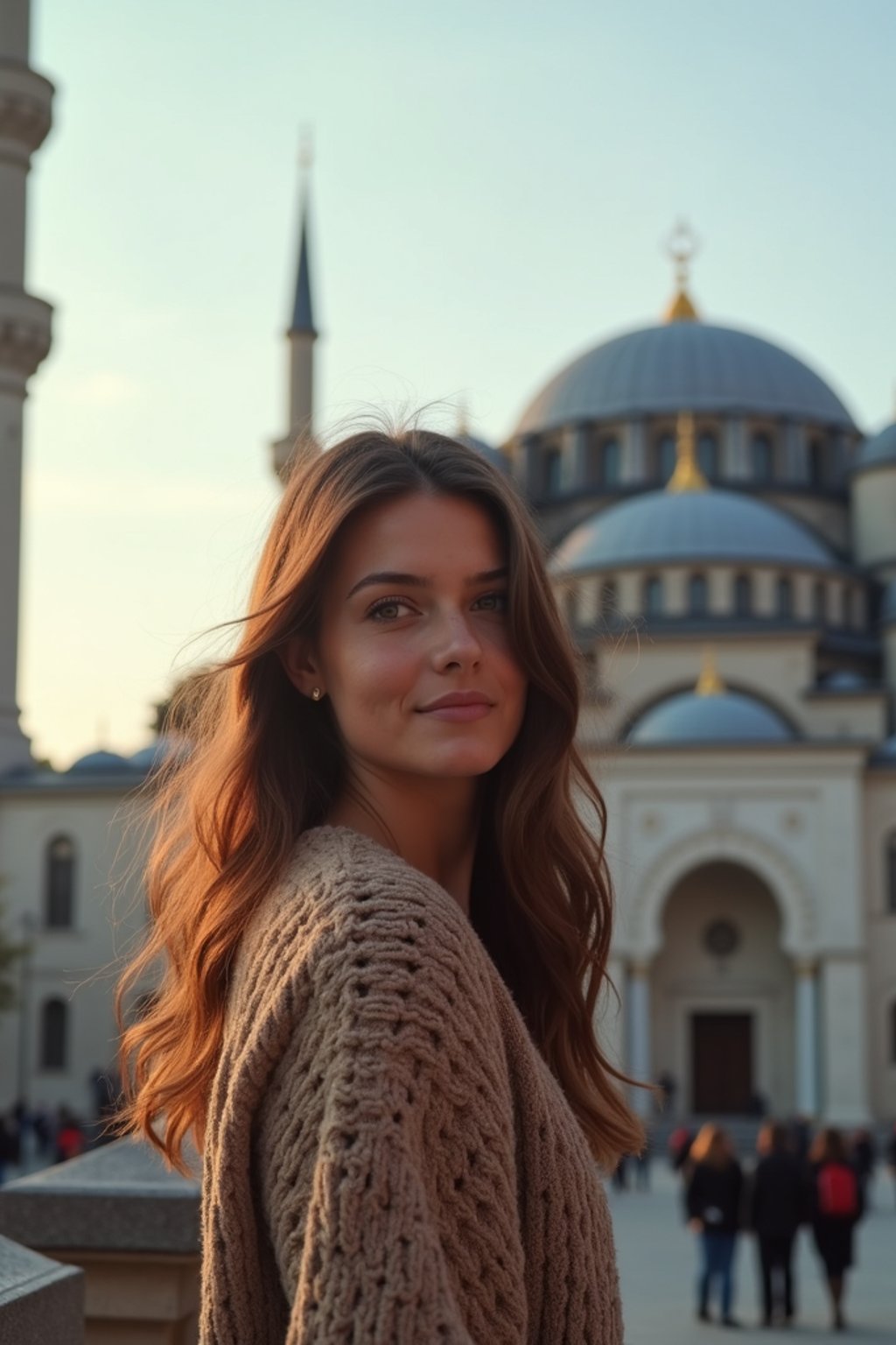 woman as digital nomad in Istanbul with The Mosque in background