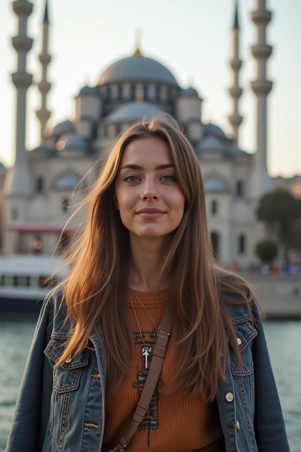 woman as digital nomad in Istanbul with The Mosque in background