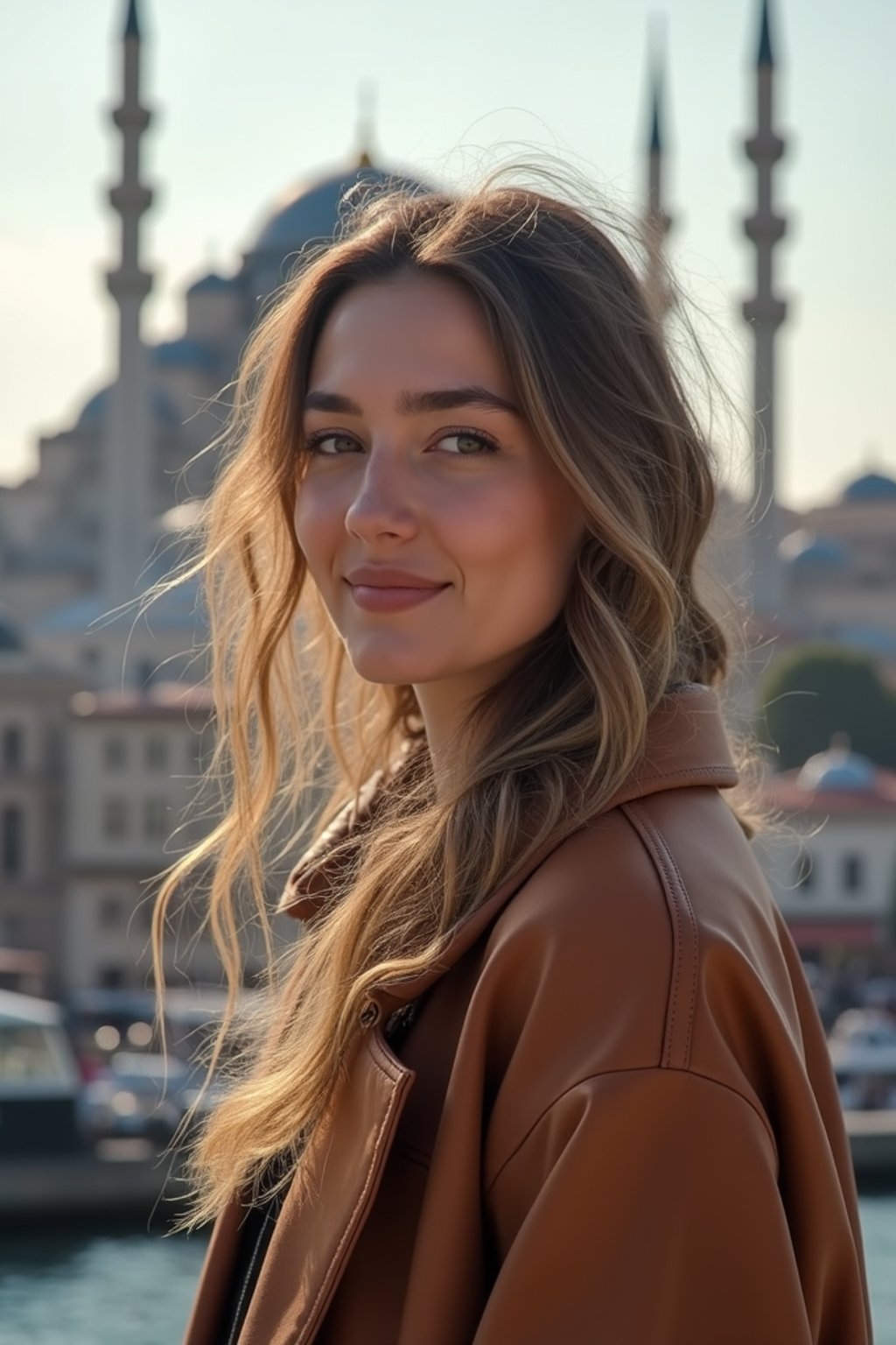 woman as digital nomad in Istanbul with The Mosque in background