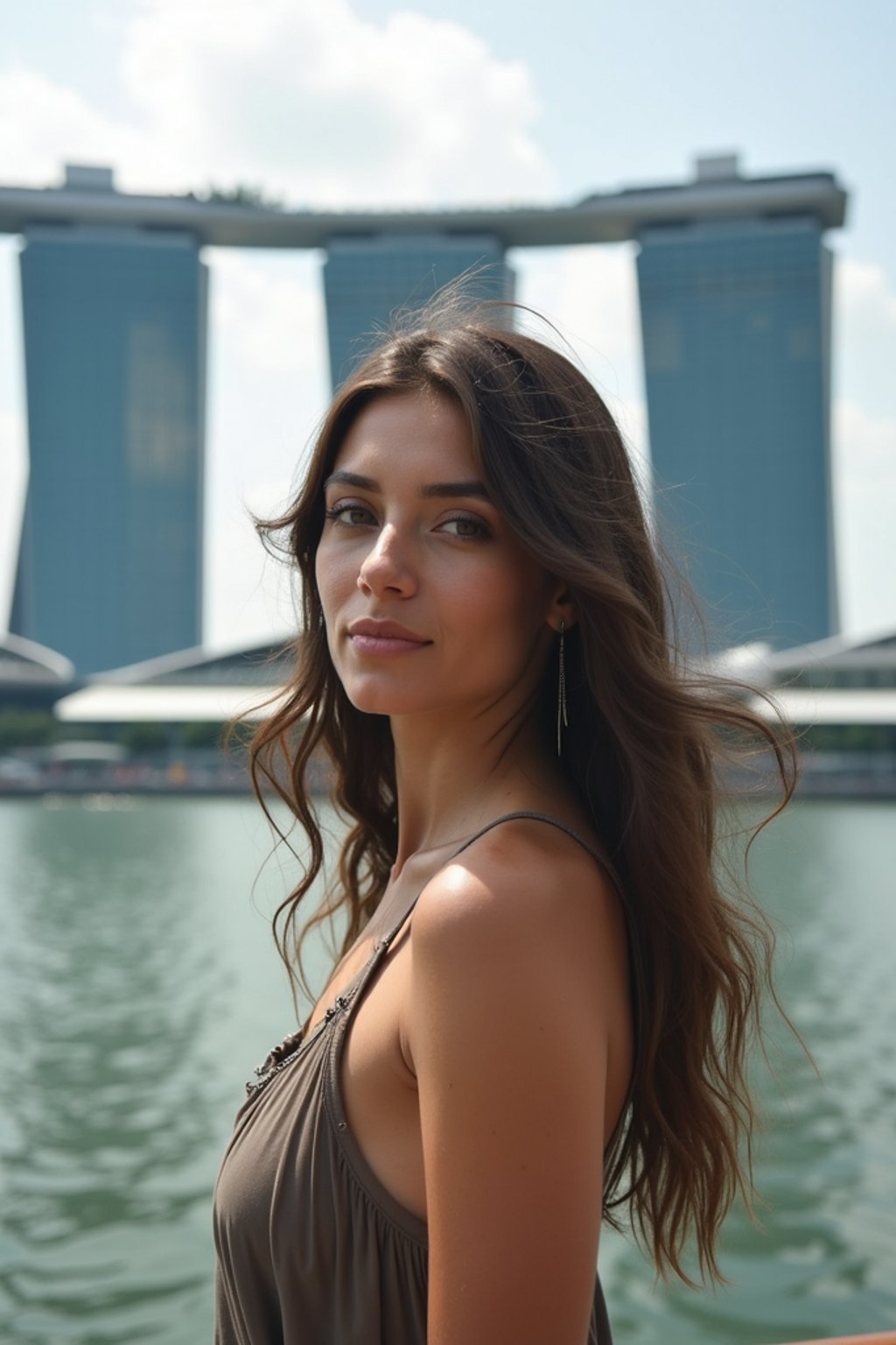 woman as digital nomad in Singapore with Marina Bay Sands in background