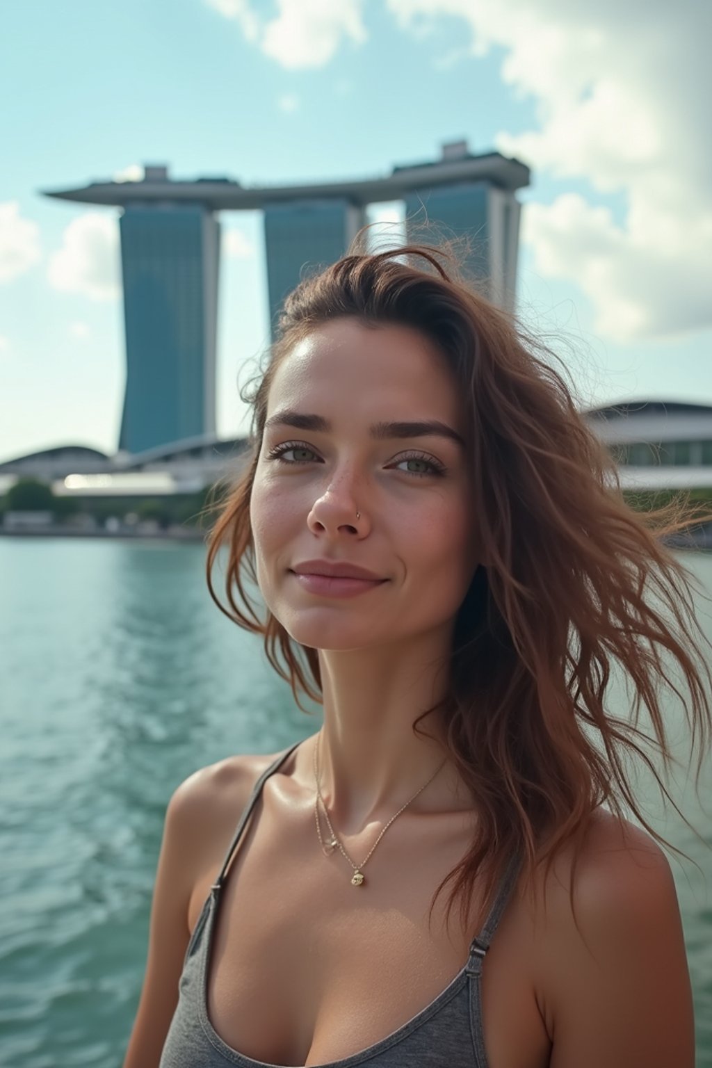 woman as digital nomad in Singapore with Marina Bay Sands in background