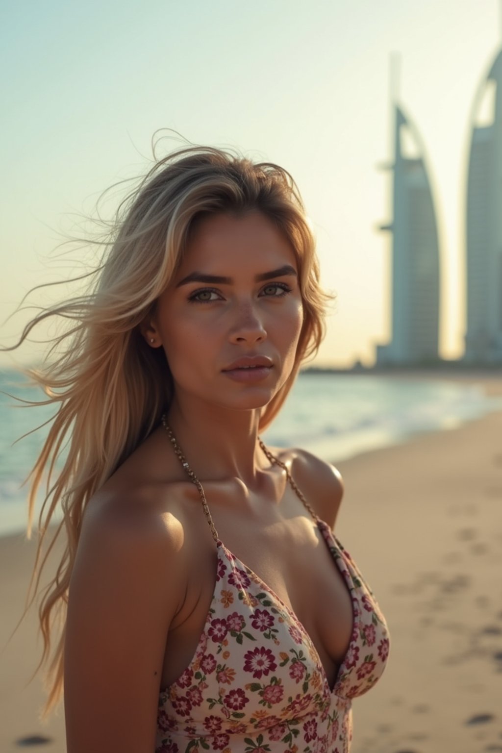 woman as digital nomad in Dubai with skyline in background