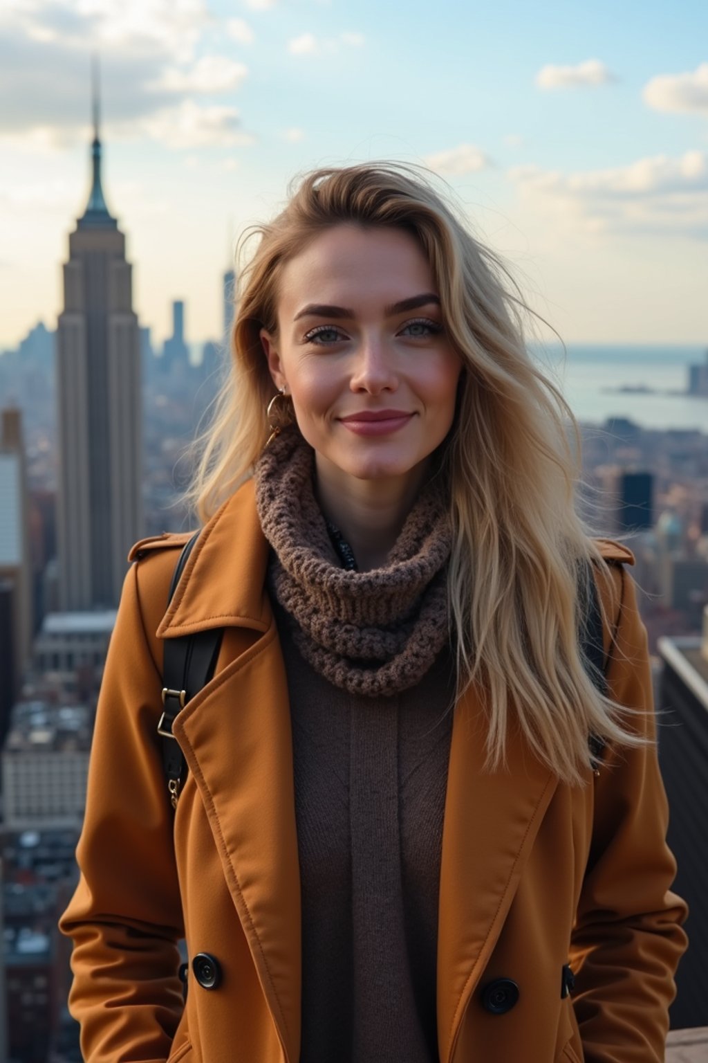 woman as digital nomad in New York City with Manhattan in background