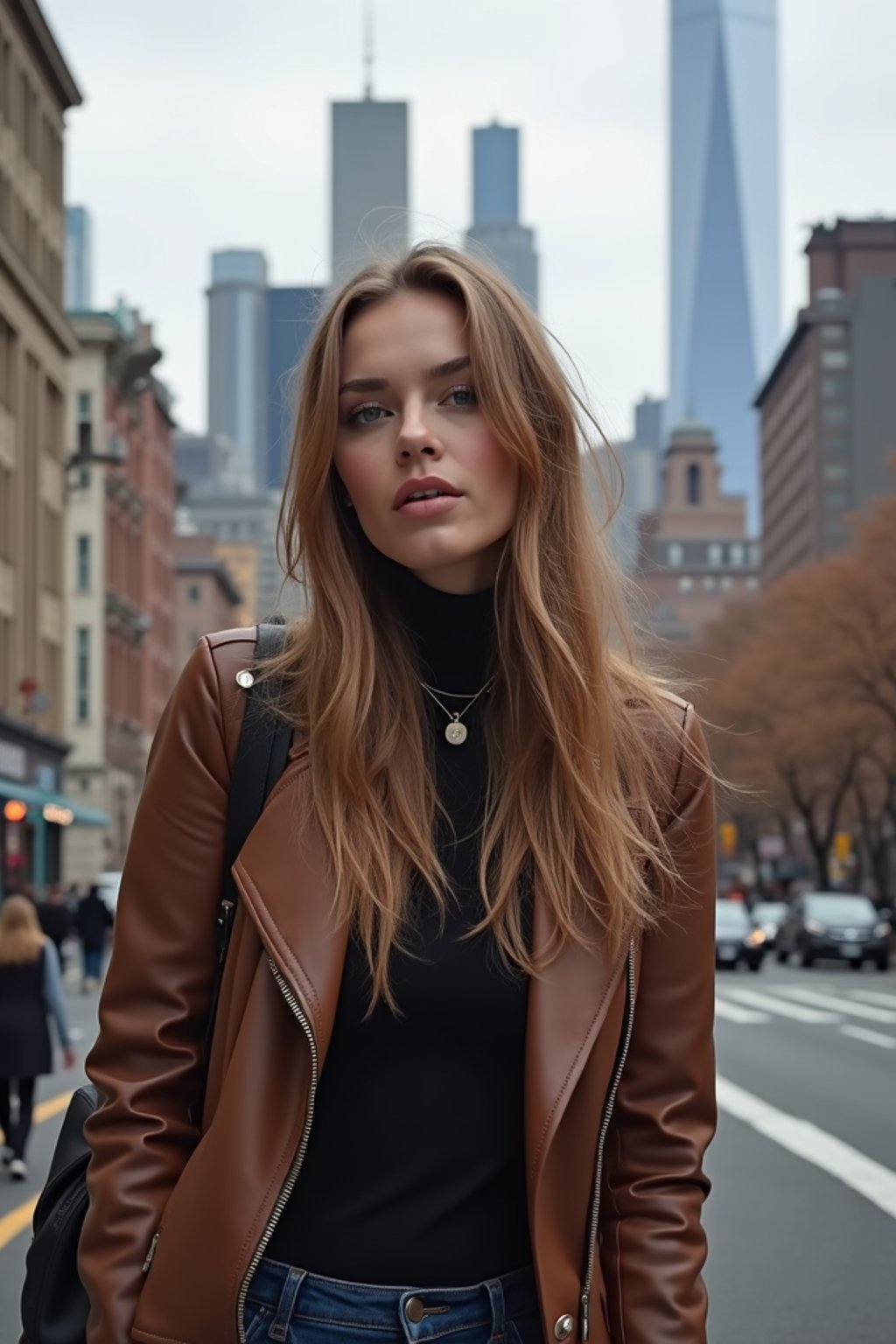 woman as digital nomad in New York City with Manhattan in background