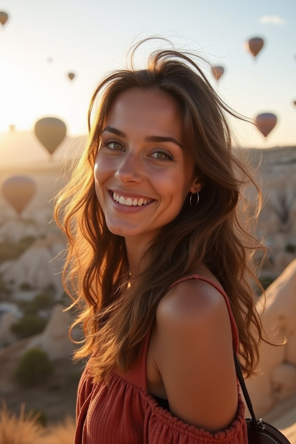 Breathtakingly woman as digital nomad with hot air balloons in the background in cappadocia, Türkiye. Cappadocia, Turkey