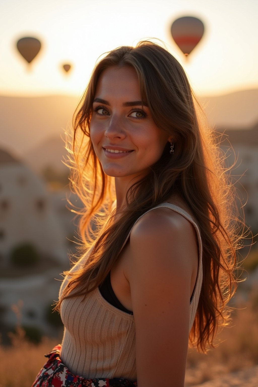 Breathtakingly woman as digital nomad with hot air balloons in the background in cappadocia, Türkiye. Cappadocia, Turkey