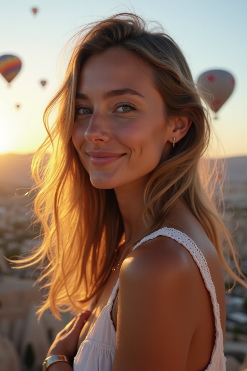 Breathtakingly woman as digital nomad with hot air balloons in the background in cappadocia, Türkiye. Cappadocia, Turkey