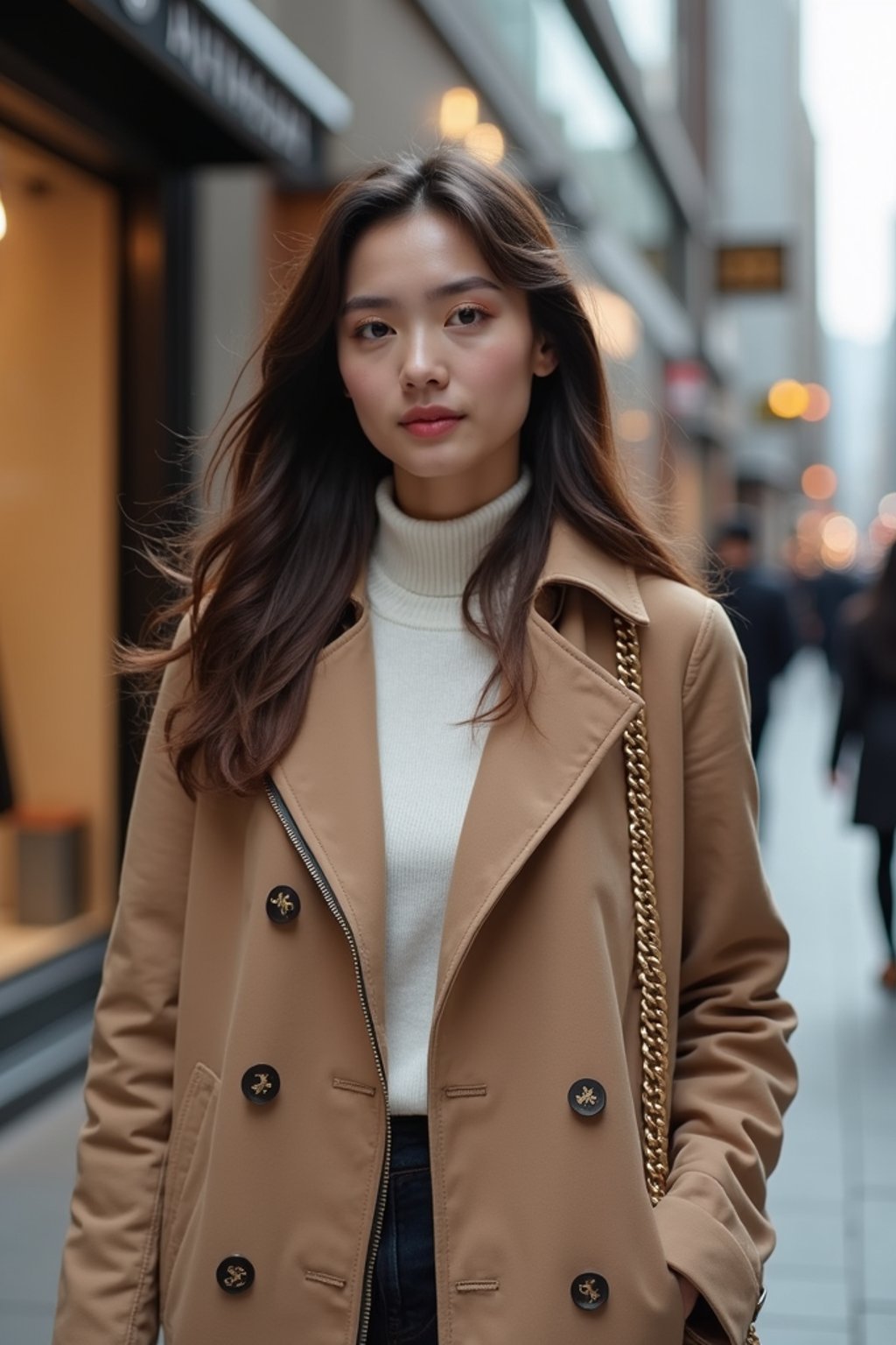 woman as digital nomad in Seoul in Gangnam in Cheongdamdong Luxury Shopping street. stores visible in background