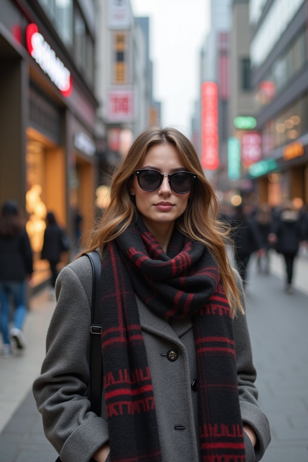 woman as digital nomad in Seoul in Gangnam in Cheongdamdong Luxury Shopping street. stores visible in background