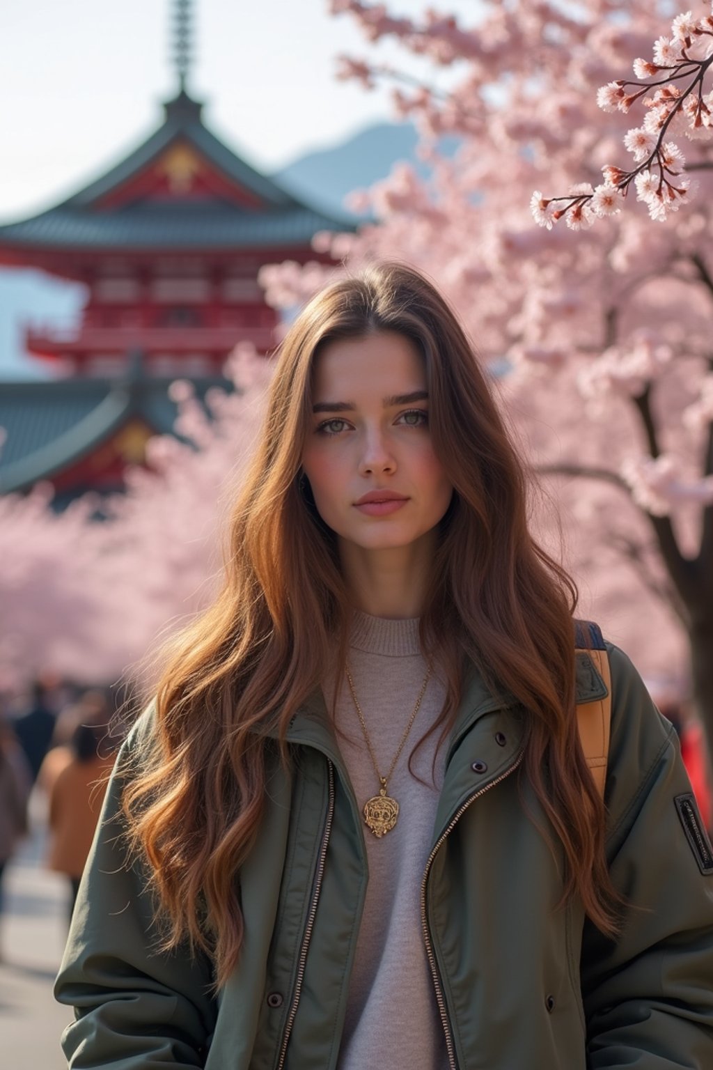 woman as digital nomad in Japan with Japanese Cherry Blossom Trees and Japanese temples in background