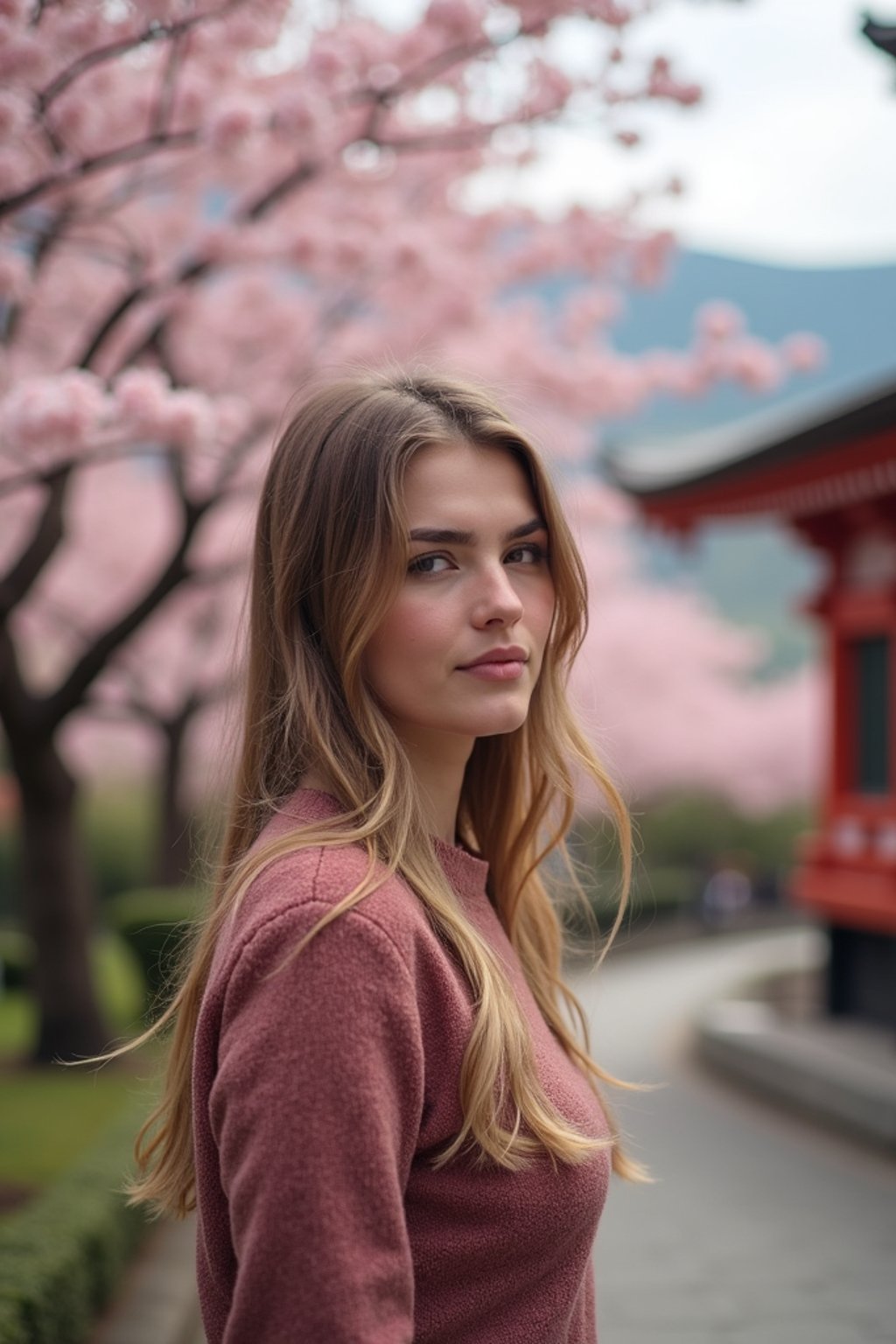 woman as digital nomad in Japan with Japanese Cherry Blossom Trees and Japanese temples in background