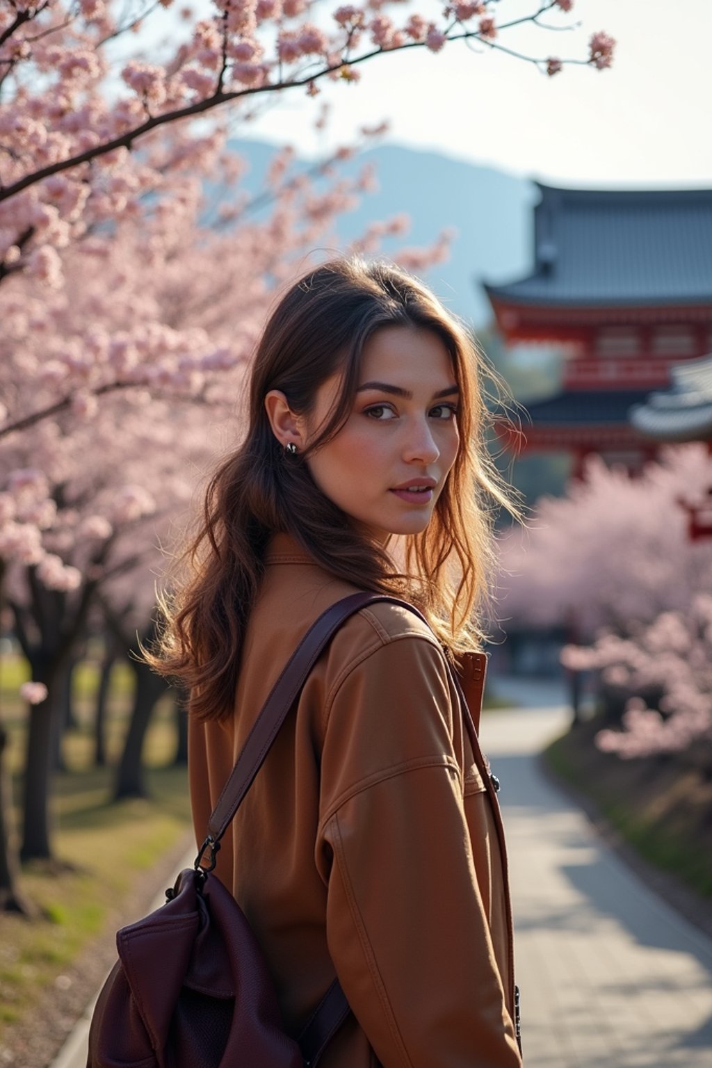 woman as digital nomad in Japan with Japanese Cherry Blossom Trees and Japanese temples in background