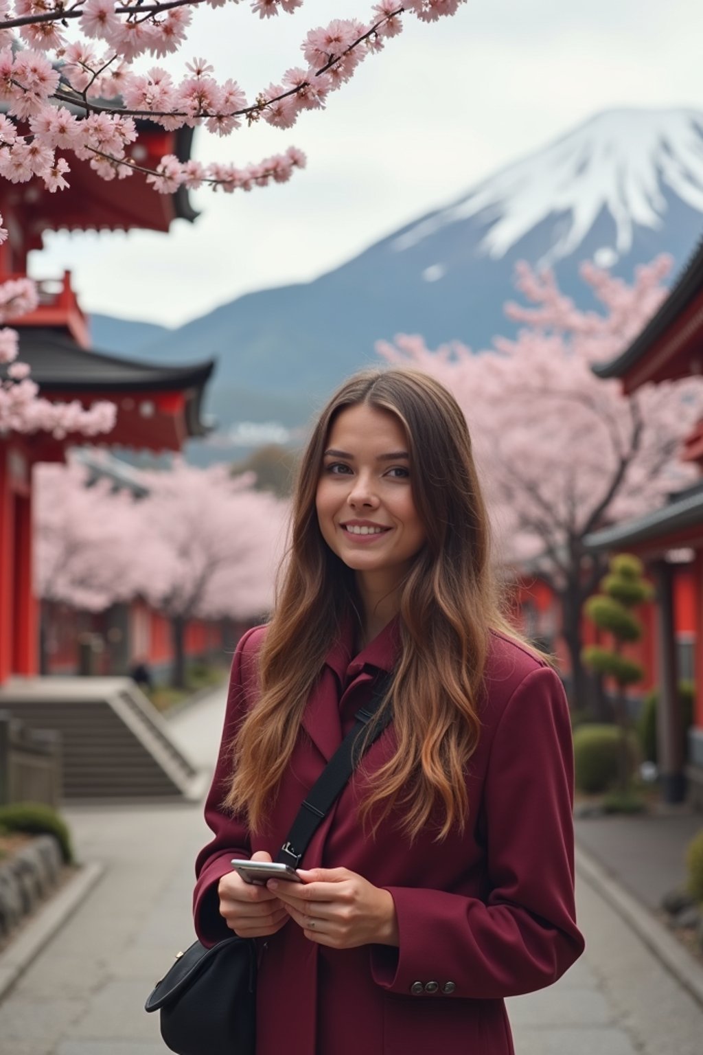 woman as digital nomad in Japan with Japanese Cherry Blossom Trees and Japanese temples in background