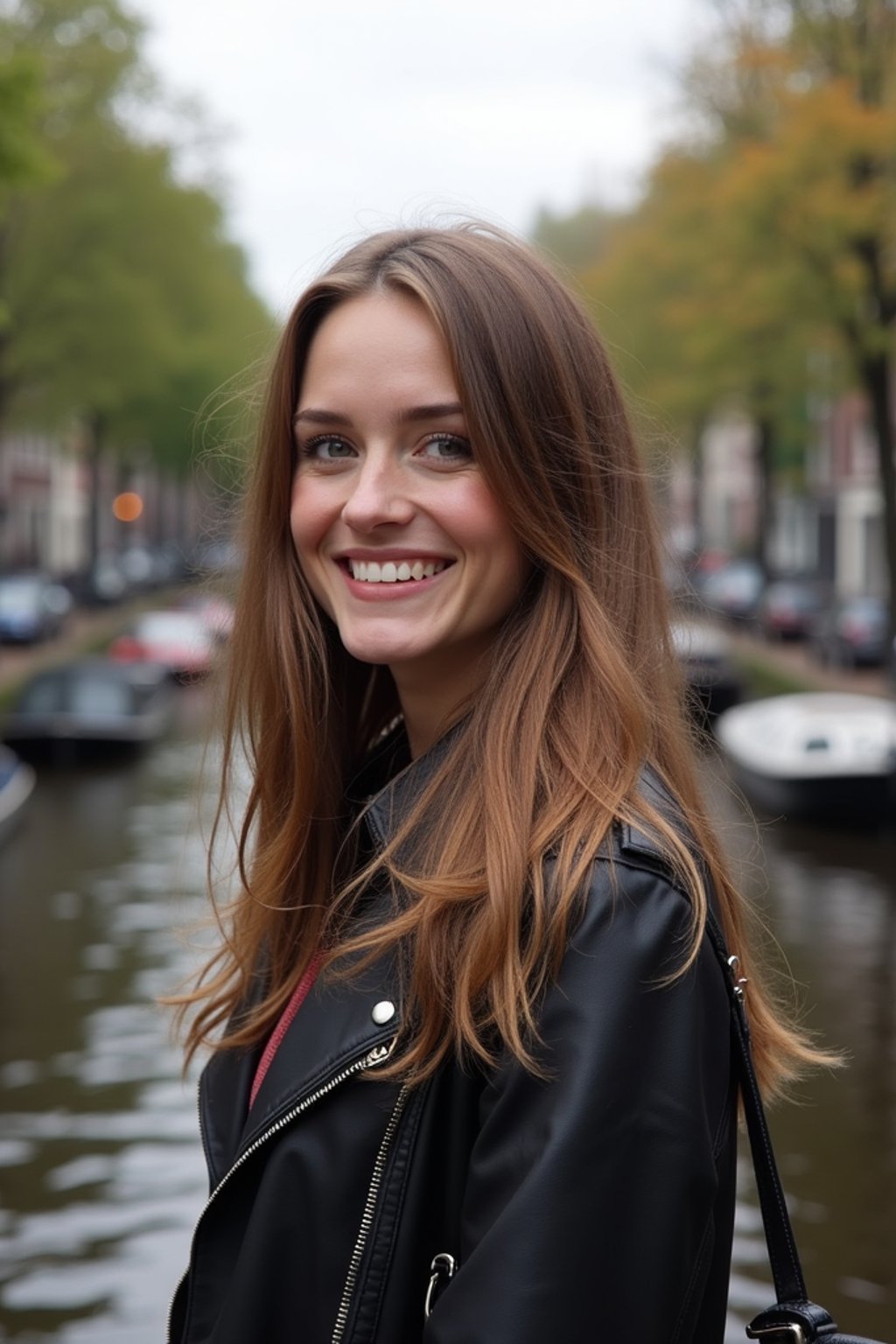 woman as digital nomad in Amsterdam with the Amsterdam Canals in background