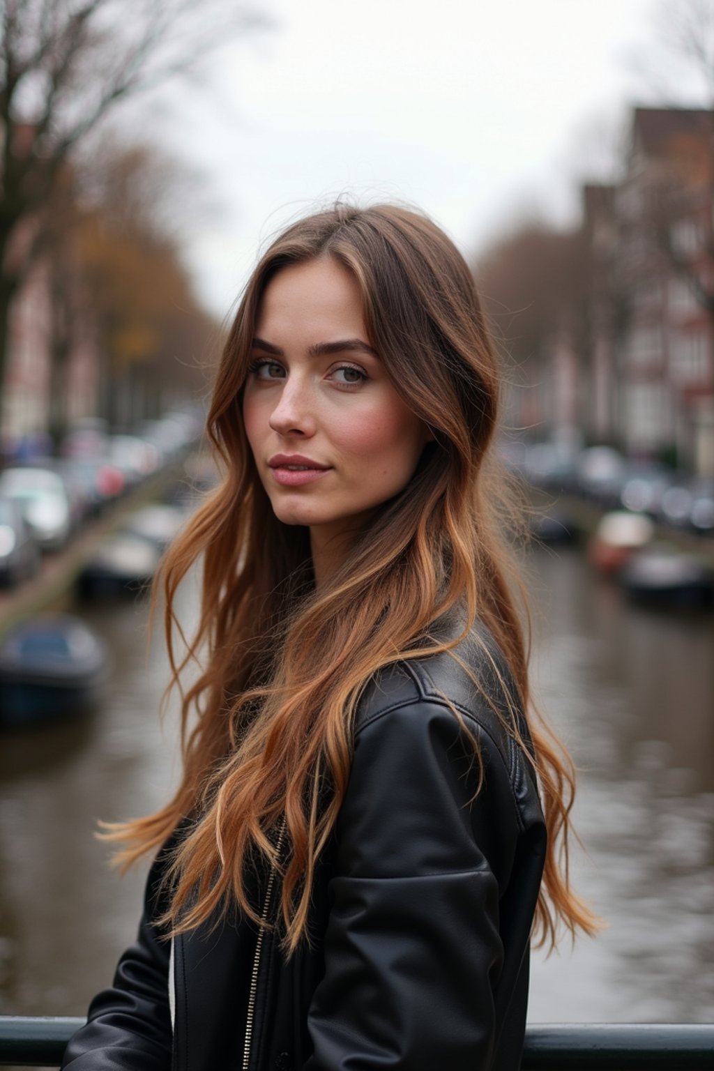 woman as digital nomad in Amsterdam with the Amsterdam Canals in background