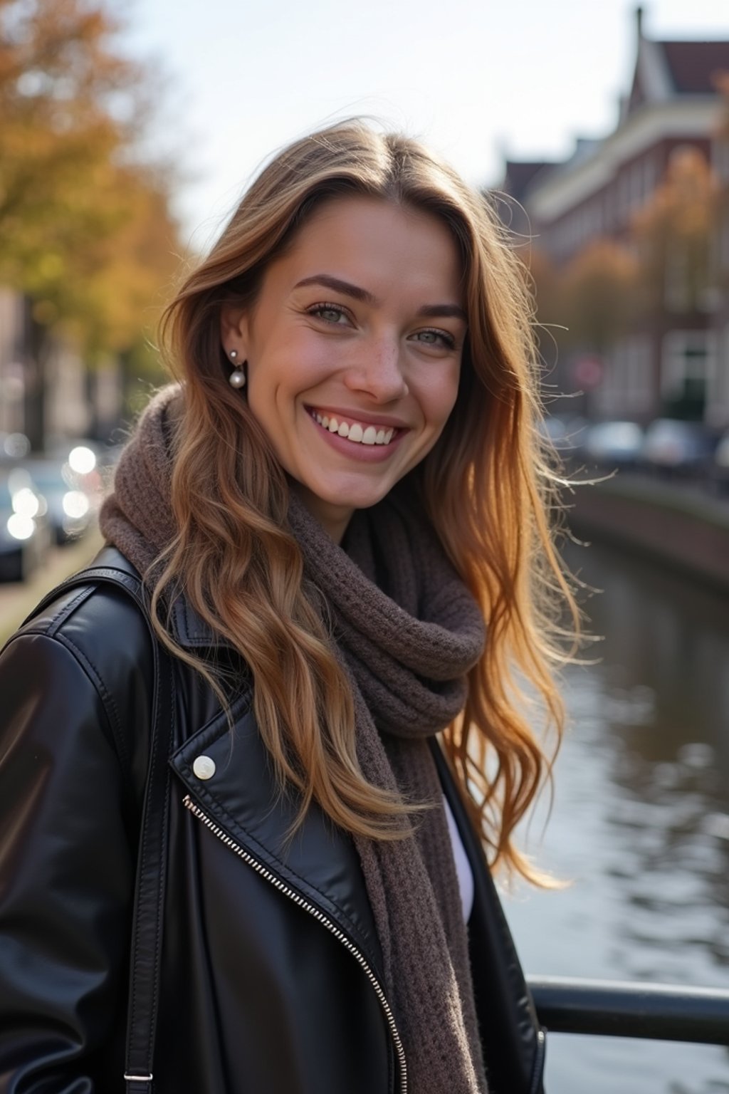 woman as digital nomad in Amsterdam with the Amsterdam Canals in background