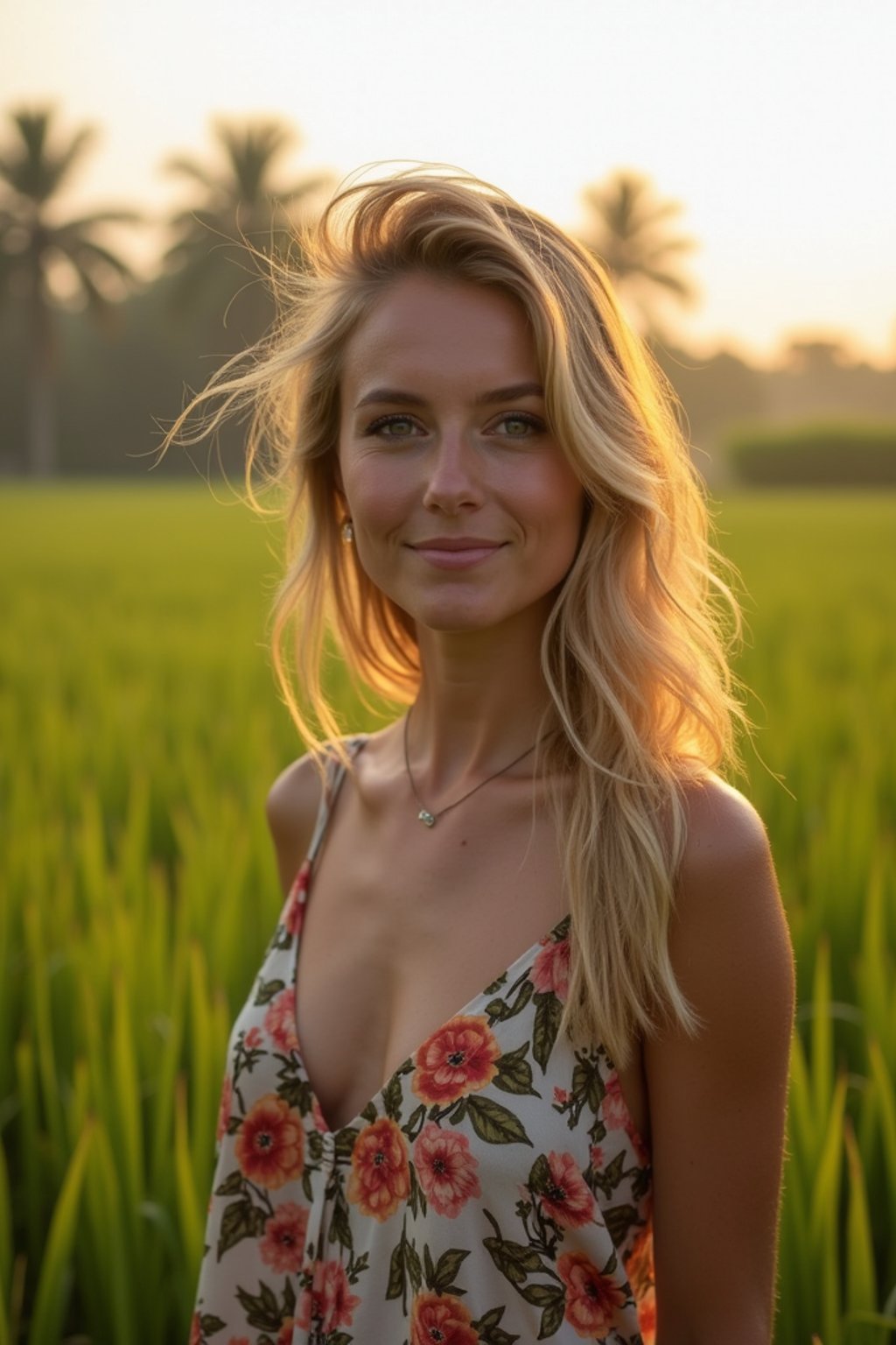 woman as digital nomad in Canggu, Bali near rice fields