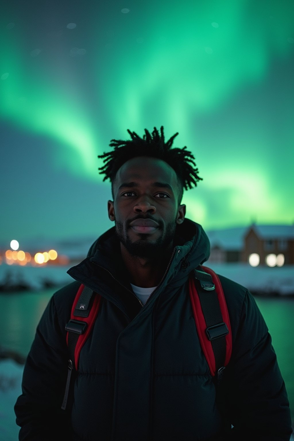 man as digital nomad in Reykjavik with the Northern Lights in the background